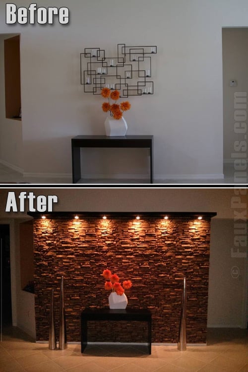 Before and after photo of a bare white wall transformed with tan stone panels.