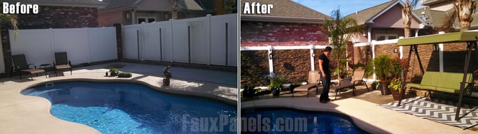Before and after photo of poolside area remodeled with stone look panels.