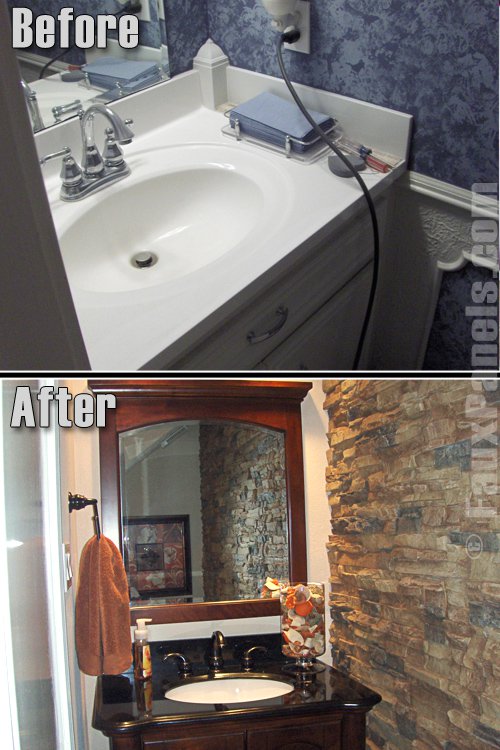 Bathrooms on a budget - small bathroom remodeled with stone style panels on the wall.