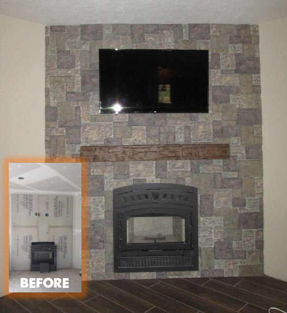 Refacing a fireplace with faux materials that meet building code requirements, before and after picture.