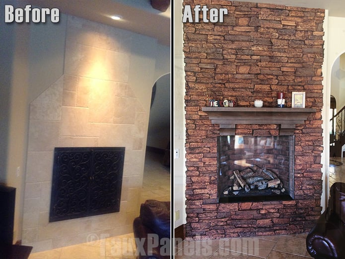 Before and after photo of fireplace remodeled with a ledgestone background
