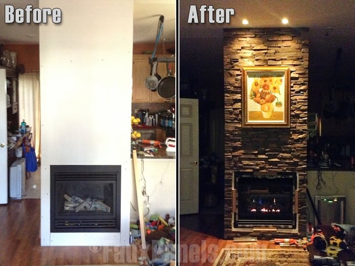 Before and after photo of fireplace with new surround