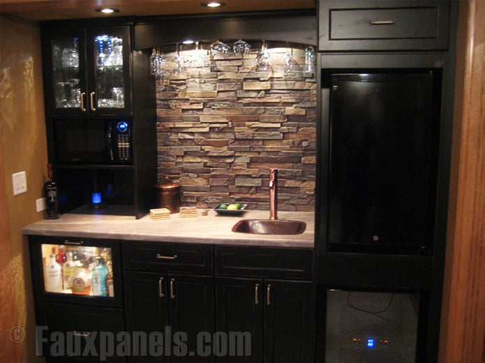 Man made stone panels look great as kitchen backsplashes.
