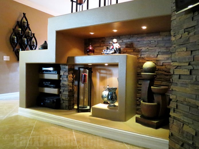 Family room shelving unit with Dry Stack stone backdrop