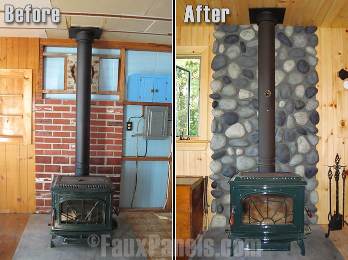 Before and after photo of a captivating fireplace surround built with River Rock panels.