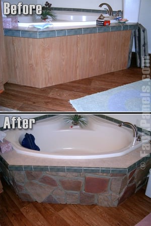 Bathtub clad in simulated fieldstone paneling.