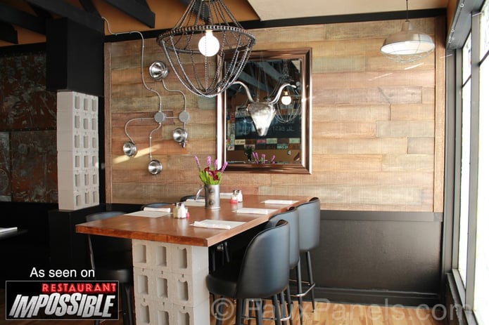 Restaurant interior design with barn board panels as seen on Restaurant Impossible.
